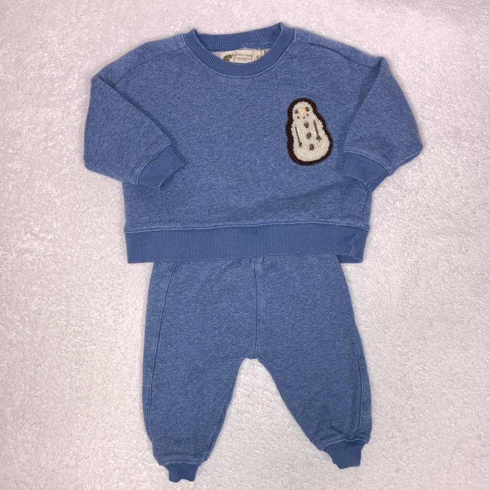 Monica & Andy blue snowman sweatsuit 6/9m cotton unisex